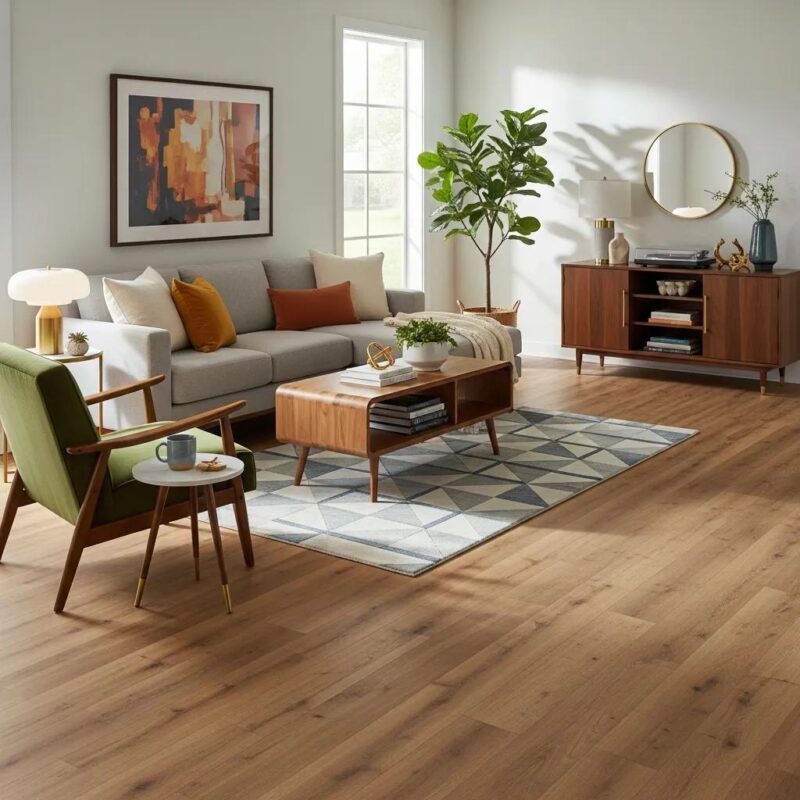 Modern living room with luxury vinyl plank flooring, highlighting top flooring trends for Vaughan homes