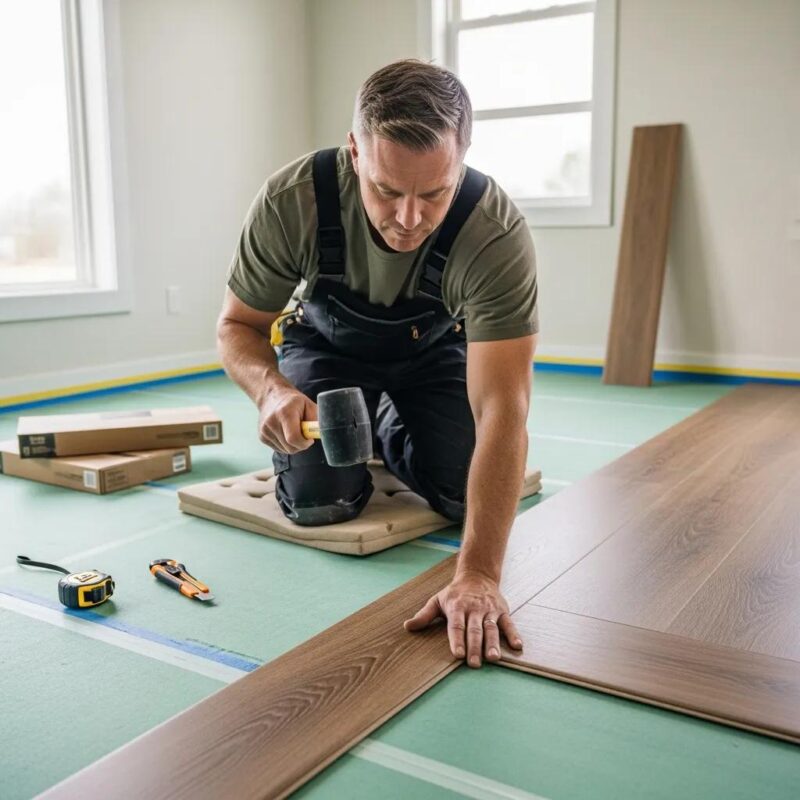 Professional installer laying luxury vinyl plank flooring, highlighting the benefits of expert installation